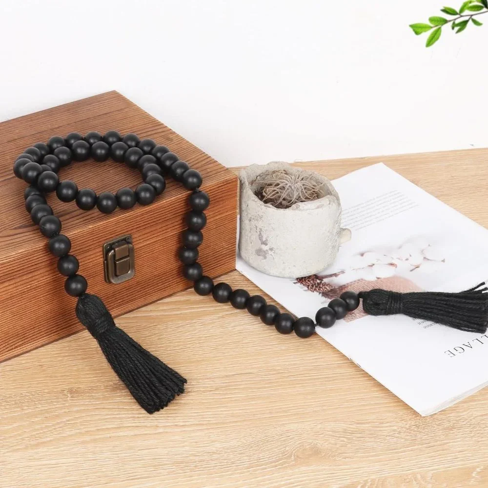 Black Wood Tassels Rustic Prayer Beads Boho Beads for Home Wall Hanging Decor